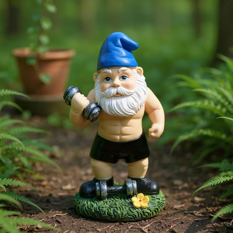 Funny Weightlifting Garden Gnome Statue | Muscular Strong Man Gnome Outdoor Decor | Cheeky Lawn Yard Ornament | Unique Resin Figurine