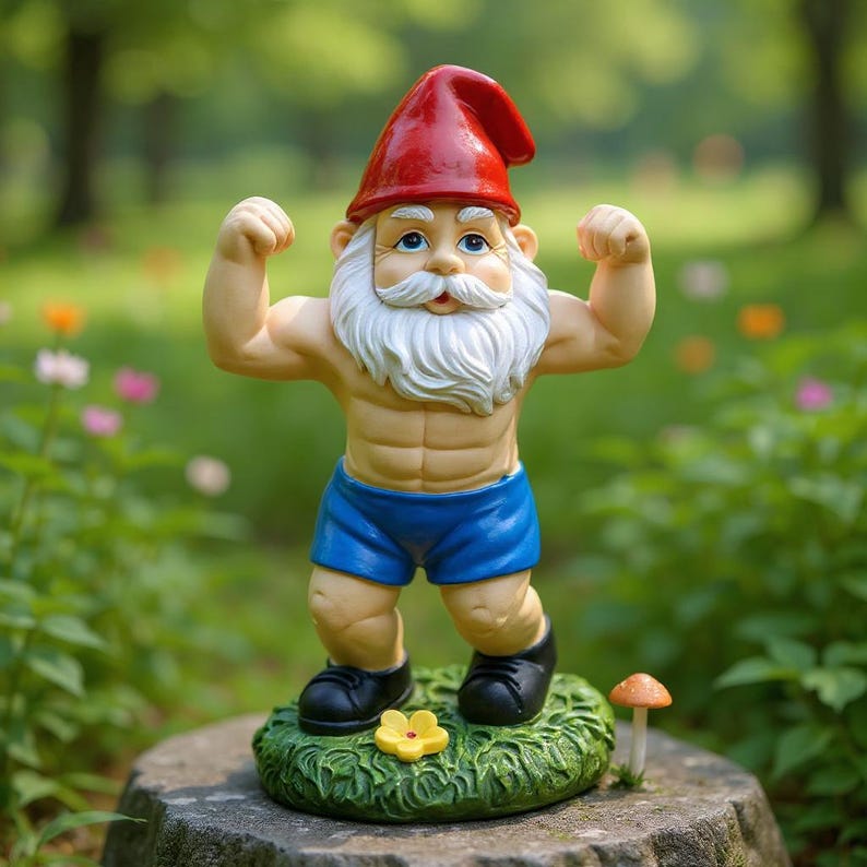 Funny Weightlifting Garden Gnome Statue | Muscular Strong Man Gnome Outdoor Decor | Cheeky Lawn Yard Ornament | Unique Resin Figurine