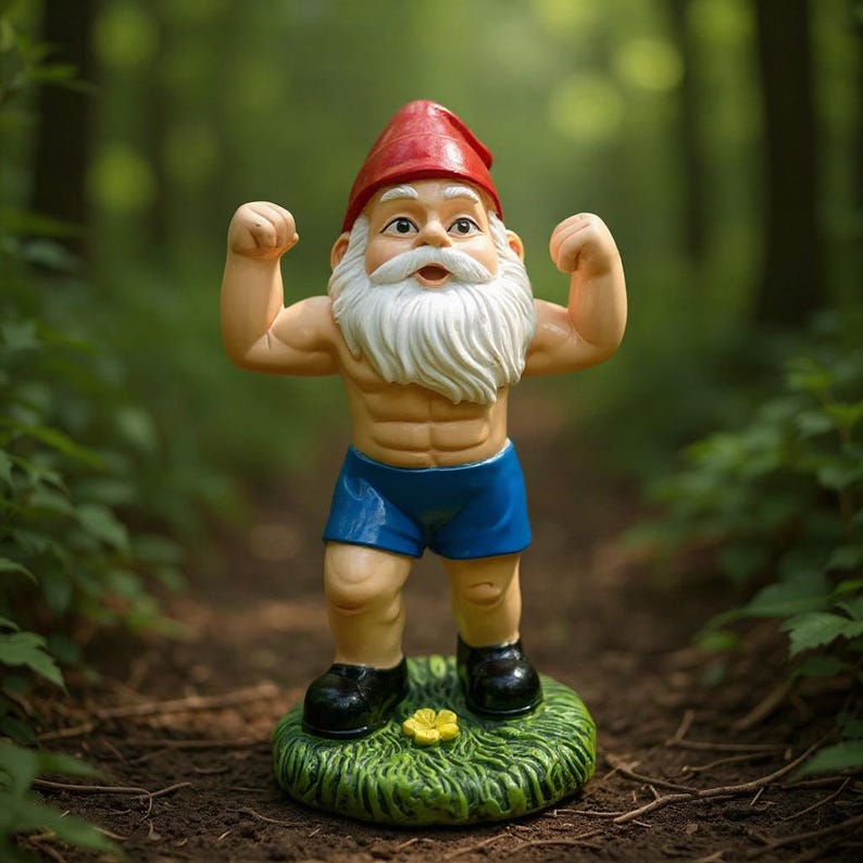 Funny Weightlifting Garden Gnome Statue | Muscular Strong Man Gnome Outdoor Decor | Cheeky Lawn Yard Ornament | Unique Resin Figurine