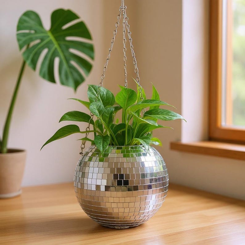 Multi-Color Disco Ball Hanging Planter | Self-Watering Mirrored Plant Pot | Retro Indoor Outdoor Decor | Unique Striped Bohemian Style