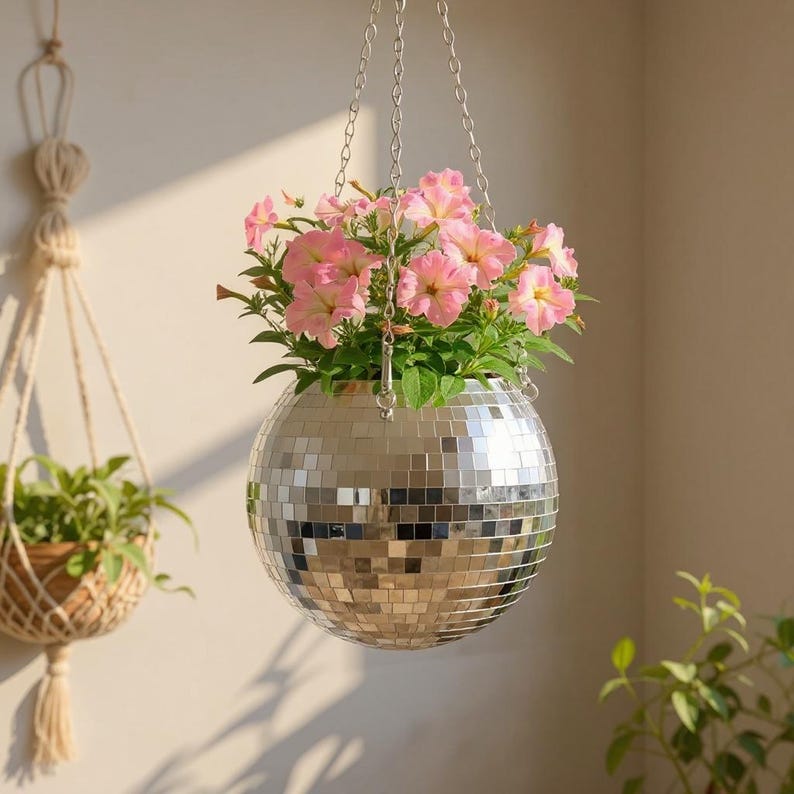 Multi-Color Disco Ball Hanging Planter | Self-Watering Mirrored Plant Pot | Retro Indoor Outdoor Decor | Unique Striped Bohemian Style
