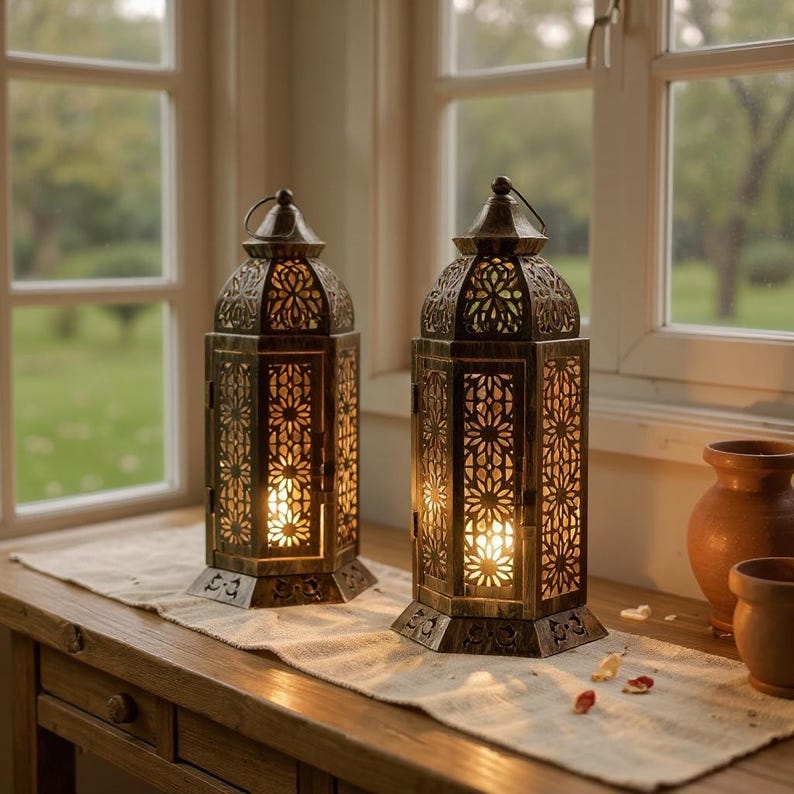 Moroccan Lantern | Metal Candle Holder | Boho Home Decor | Outdoor Patio Lighting | Ethnic Arabic Table Centerpiece Tea Light Lantern