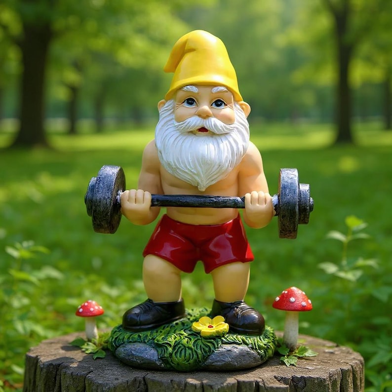 Funny Weightlifting Garden Gnome Statue | Muscular Strong Man Gnome Outdoor Decor | Cheeky Lawn Yard Ornament | Unique Resin Figurine