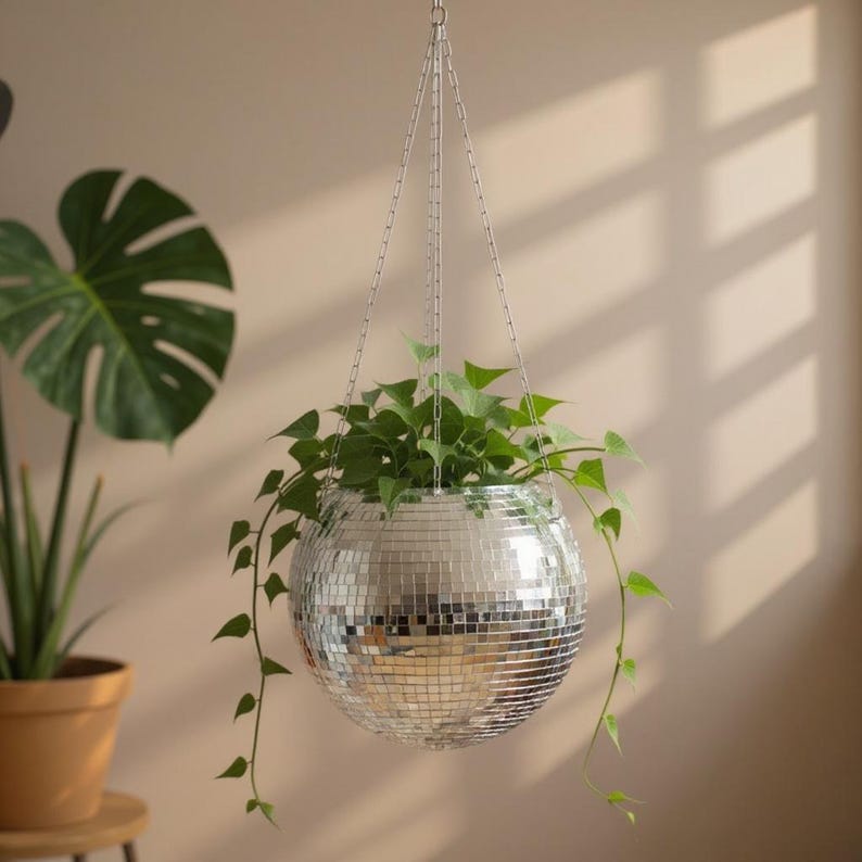 Multi-Color Disco Ball Hanging Planter | Self-Watering Mirrored Plant Pot | Retro Indoor Outdoor Decor | Unique Striped Bohemian Style