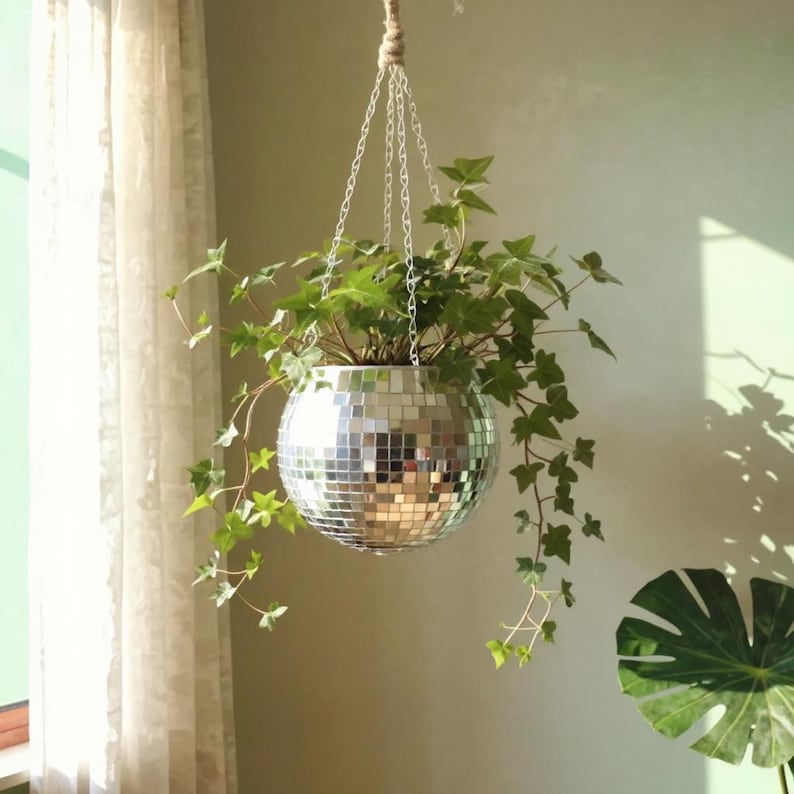 Multi-Color Disco Ball Hanging Planter | Self-Watering Mirrored Plant Pot | Retro Indoor Outdoor Decor | Unique Striped Bohemian Style
