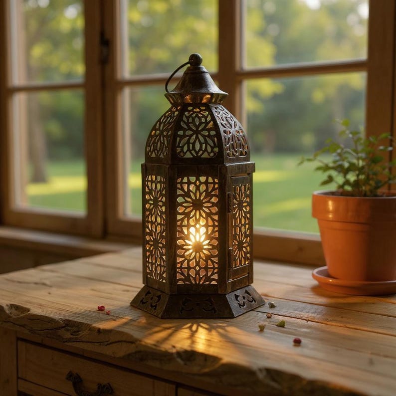 Moroccan Lantern | Metal Candle Holder | Boho Home Decor | Outdoor Patio Lighting | Ethnic Arabic Table Centerpiece Tea Light Lantern