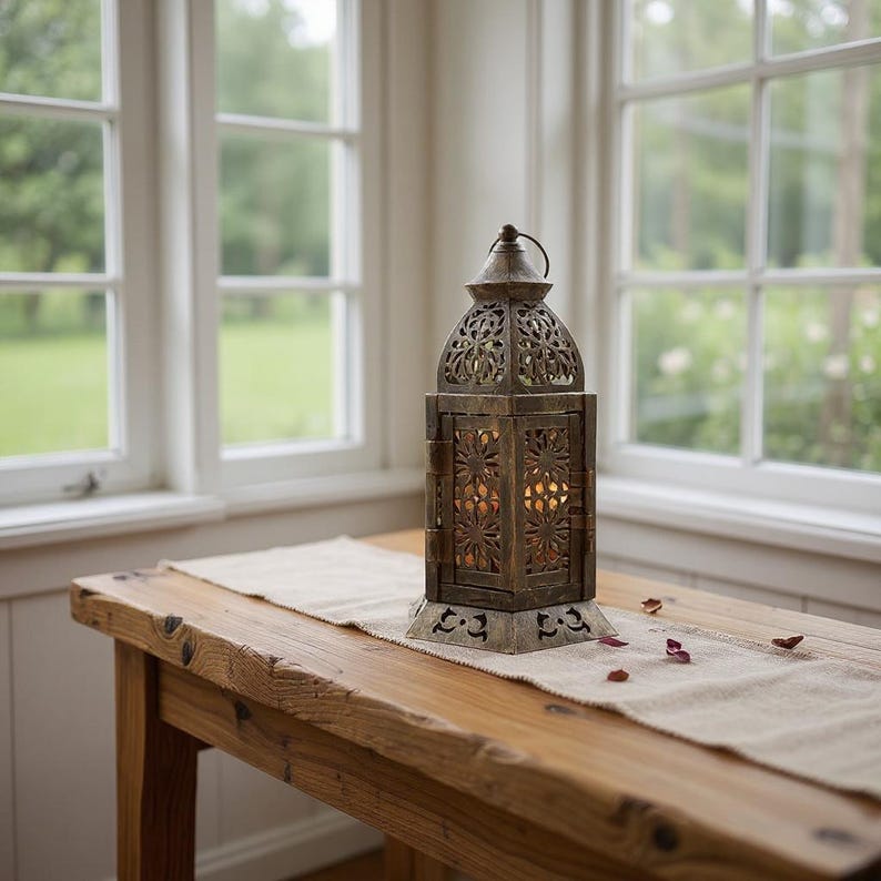 Moroccan Lantern | Metal Candle Holder | Boho Home Decor | Outdoor Patio Lighting | Ethnic Arabic Table Centerpiece Tea Light Lantern