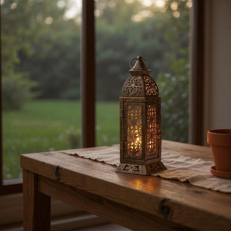 Moroccan Lantern | Metal Candle Holder | Boho Home Decor | Outdoor Patio Lighting | Ethnic Arabic Table Centerpiece Tea Light Lantern