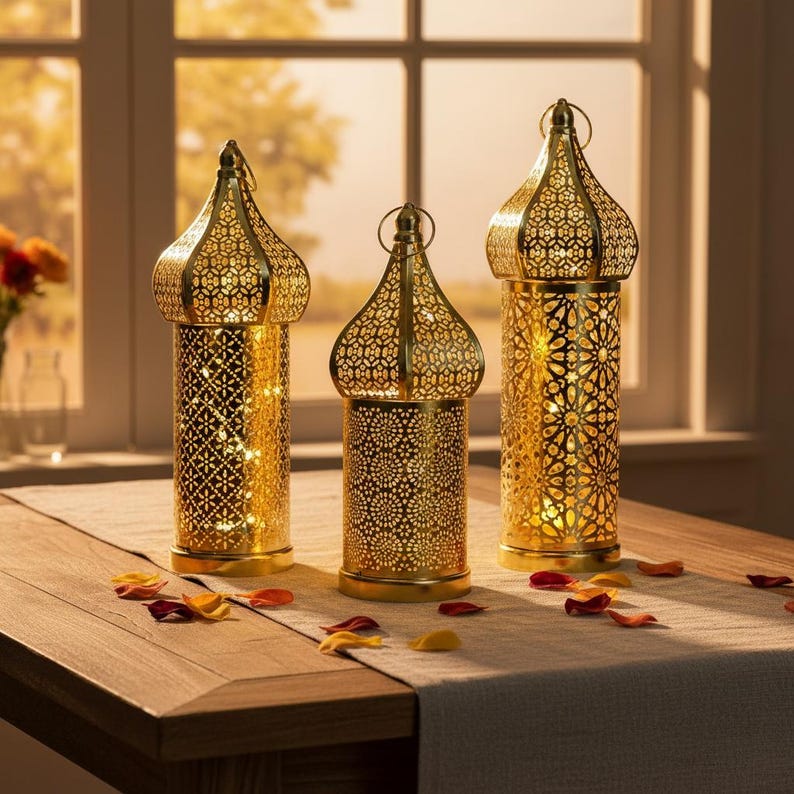 Gold Moroccan LED Iron Lantern - Elegant Electroplated Hollow Wind Lamp - Battery Operated Traditional Patterned Atmosphere Decor - 3 Sizes