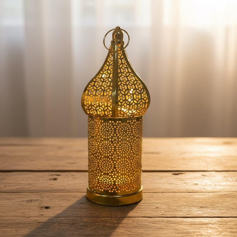 Gold Moroccan LED Iron Lantern - Elegant Electroplated Hollow Wind Lamp - Battery Operated Traditional Patterned Atmosphere Decor - 3 Sizes