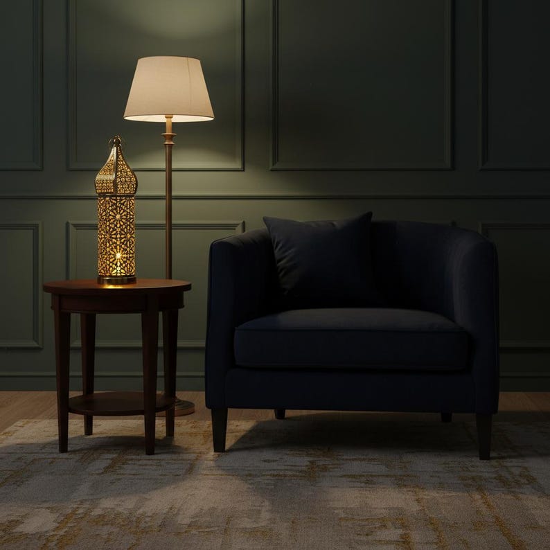 Gold Moroccan LED Iron Lantern - Elegant Electroplated Hollow Wind Lamp - Battery Operated Traditional Patterned Atmosphere Decor - 3 Sizes