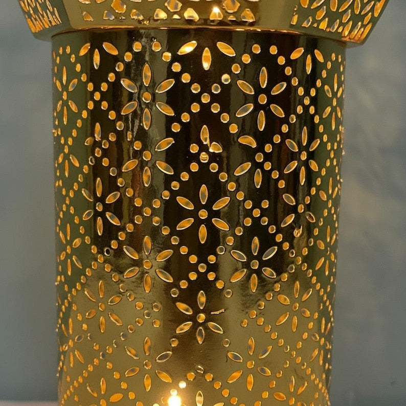 Gold Moroccan LED Iron Lantern - Elegant Electroplated Hollow Wind Lamp - Battery Operated Traditional Patterned Atmosphere Decor - 3 Sizes