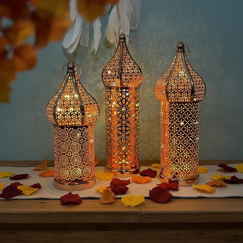 Rose Gold Moroccan LED Iron Lantern - Copper Finished Hollow Pattern Atmosphere Lamp - Battery Operated Decorative Wind Light - 3 Sizes