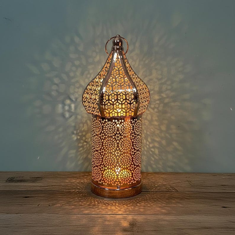 Rose Gold Moroccan LED Iron Lantern - Copper Finished Hollow Pattern Atmosphere Lamp - Battery Operated Decorative Wind Light - 3 Sizes