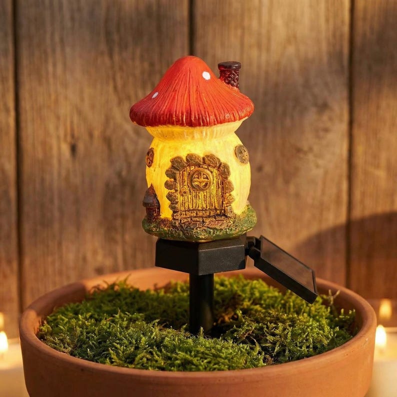 Solar Mushroom Fairy House Garden Light | Whimsical Miniature Cottage Stake Lamp | Resin Outdoor Pathway Decor | Amber Glow LED Light