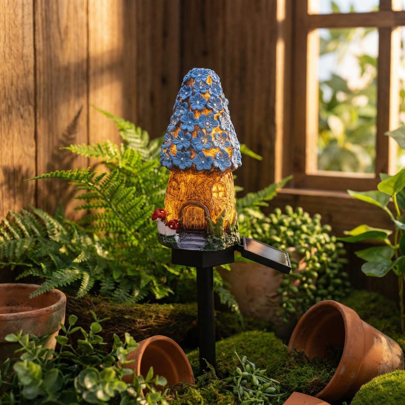 Solar Mushroom Fairy House Garden Light | Whimsical Miniature Cottage Stake Lamp | Resin Outdoor Pathway Decor | Amber Glow LED Light