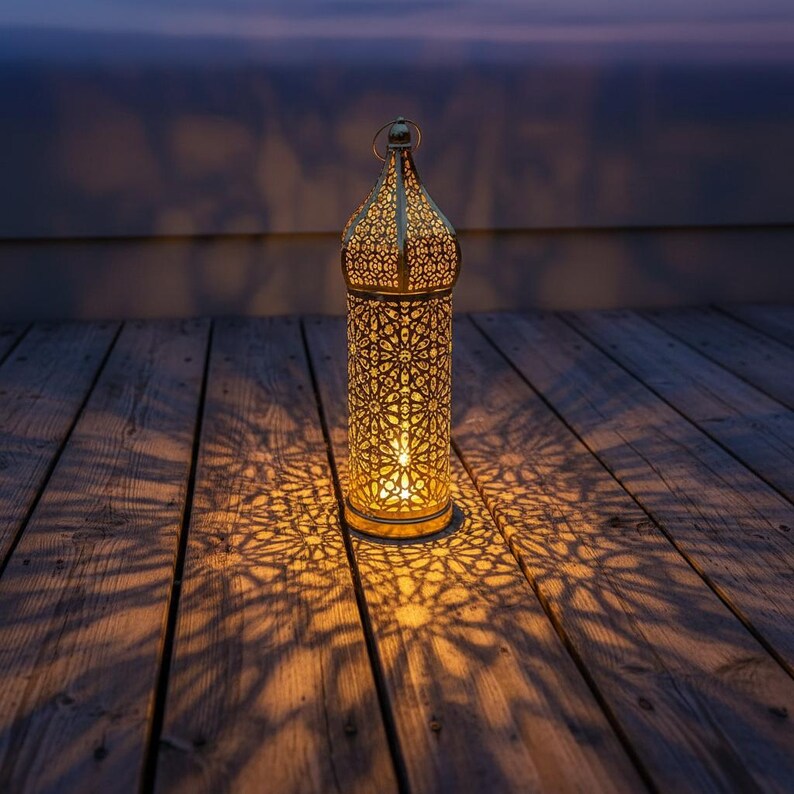 Gold Moroccan LED Iron Lantern - Elegant Electroplated Hollow Wind Lamp - Battery Operated Traditional Patterned Atmosphere Decor - 3 Sizes