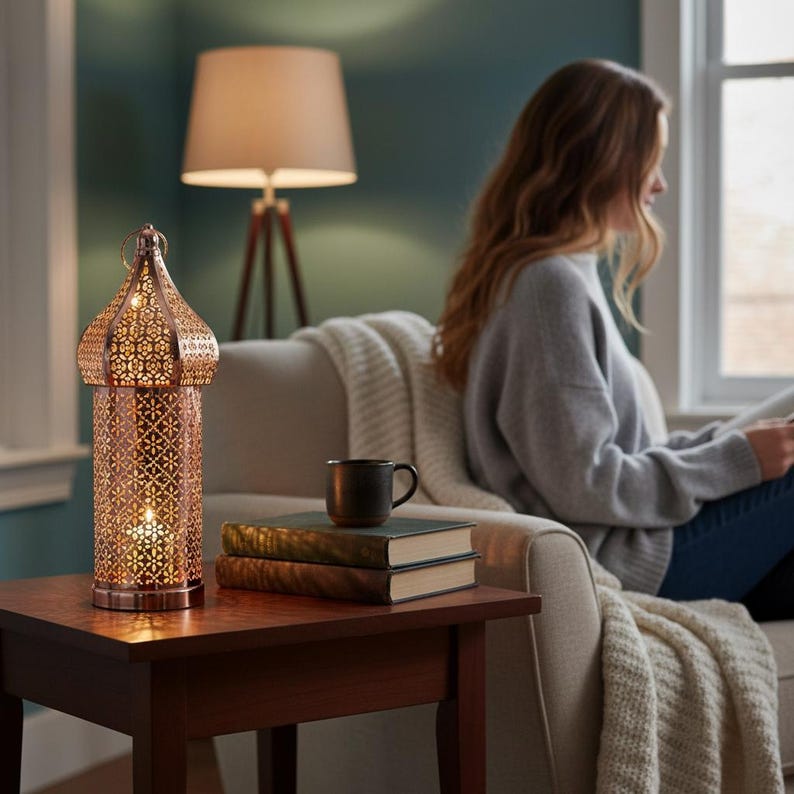 Rose Gold Moroccan LED Iron Lantern - Copper Finished Hollow Pattern Atmosphere Lamp - Battery Operated Decorative Wind Light - 3 Sizes