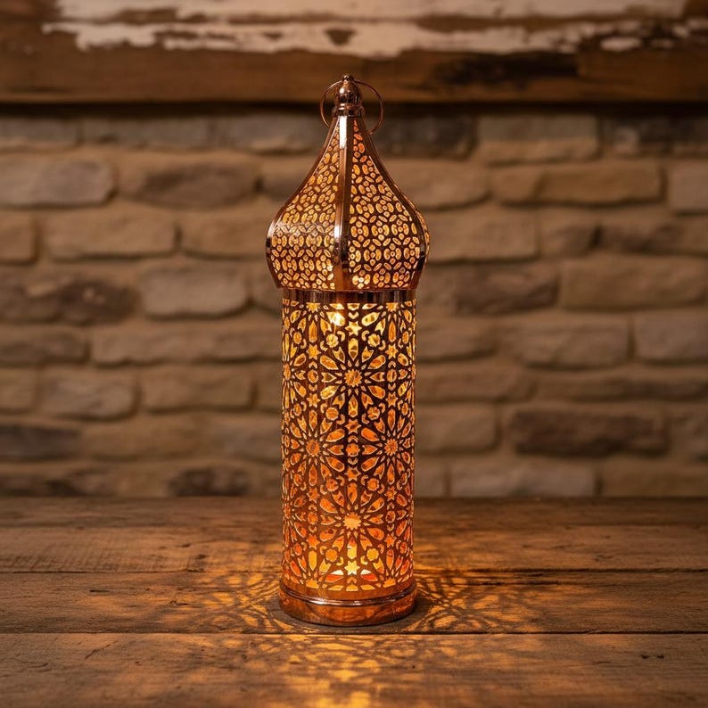 Rose Gold Moroccan LED Iron Lantern - Copper Finished Hollow Pattern Atmosphere Lamp - Battery Operated Decorative Wind Light - 3 Sizes