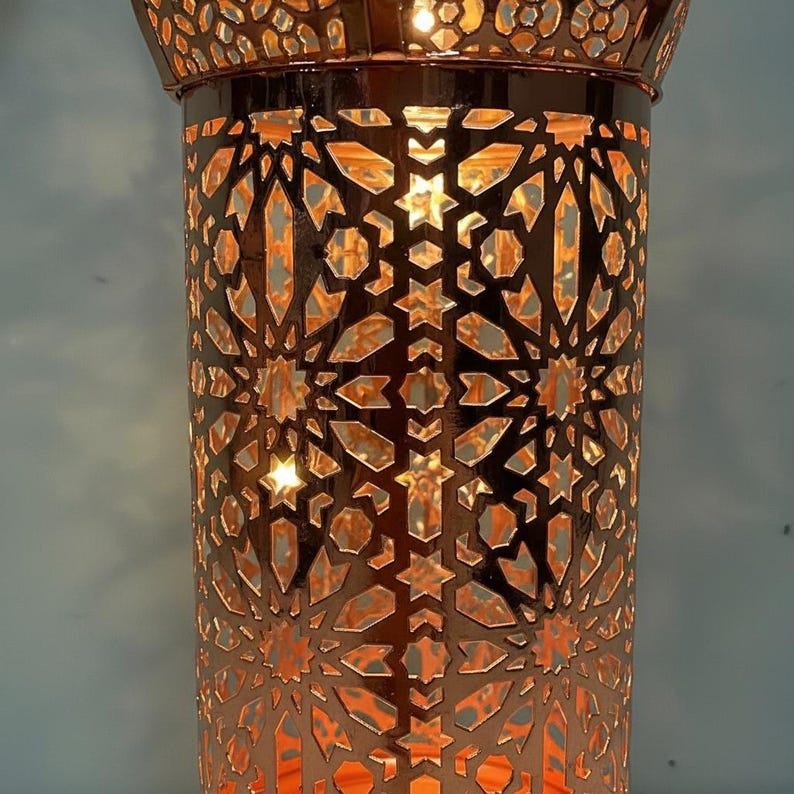 Rose Gold Moroccan LED Iron Lantern - Copper Finished Hollow Pattern Atmosphere Lamp - Battery Operated Decorative Wind Light - 3 Sizes