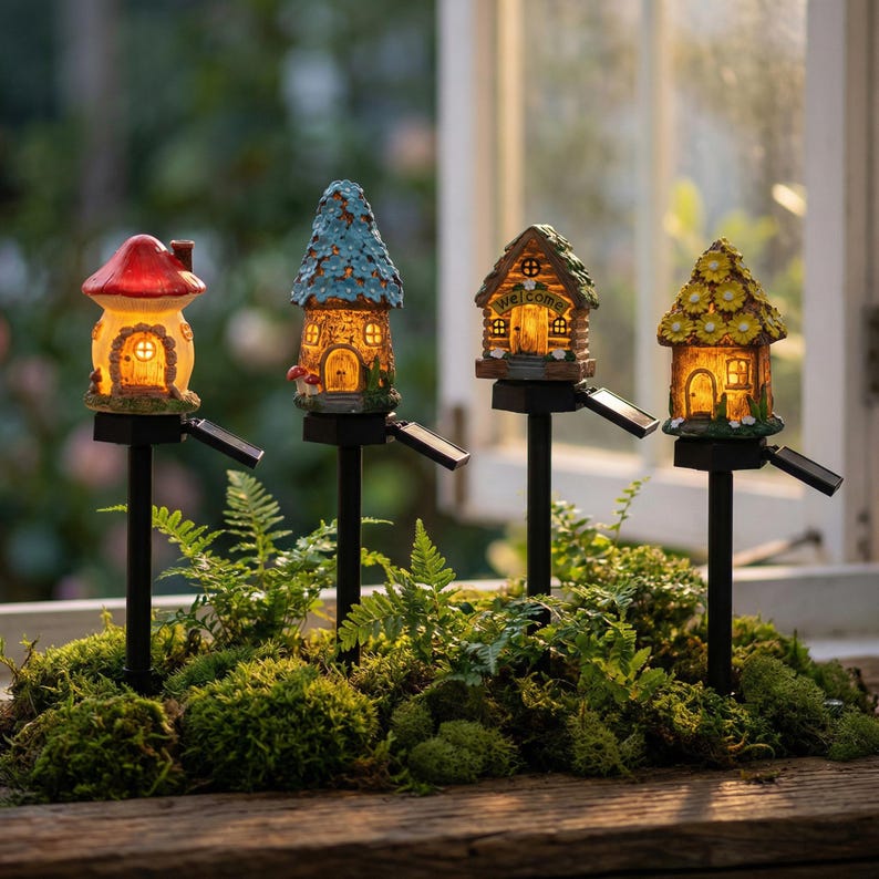 Solar Mushroom Fairy House Garden Light | Whimsical Miniature Cottage Stake Lamp | Resin Outdoor Pathway Decor | Amber Glow LED Light