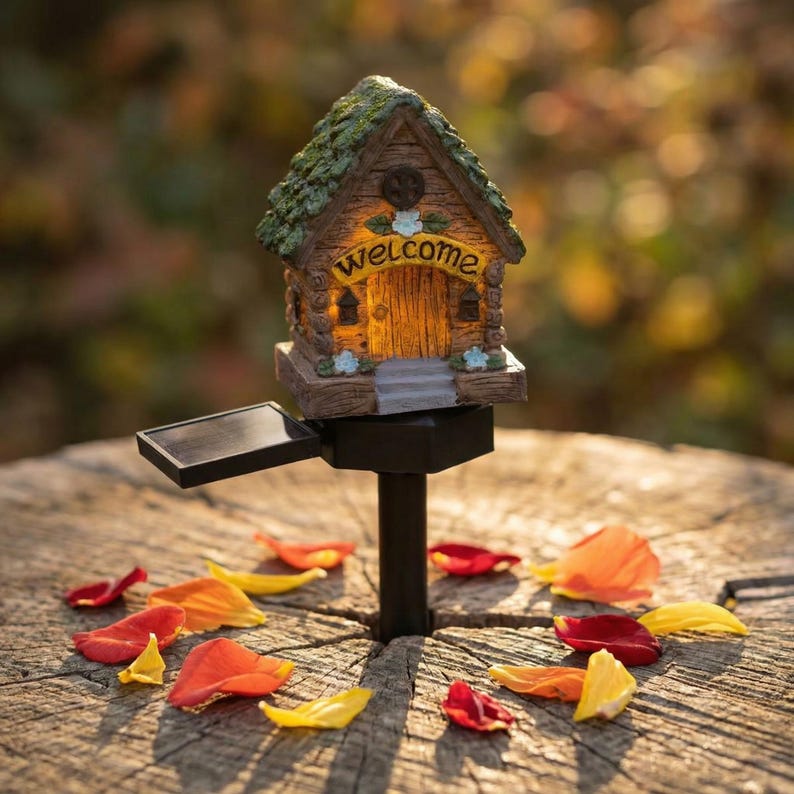 Solar Mushroom Fairy House Garden Light | Whimsical Miniature Cottage Stake Lamp | Resin Outdoor Pathway Decor | Amber Glow LED Light