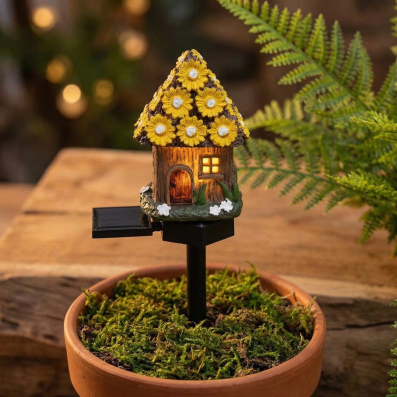 Solar Mushroom Fairy House Garden Light | Whimsical Miniature Cottage Stake Lamp | Resin Outdoor Pathway Decor | Amber Glow LED Light